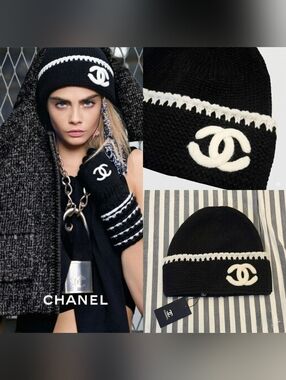 ✨CHANEL✨🖤🤍 Cashmere-Wool Black & White Knit Hat / Beanie